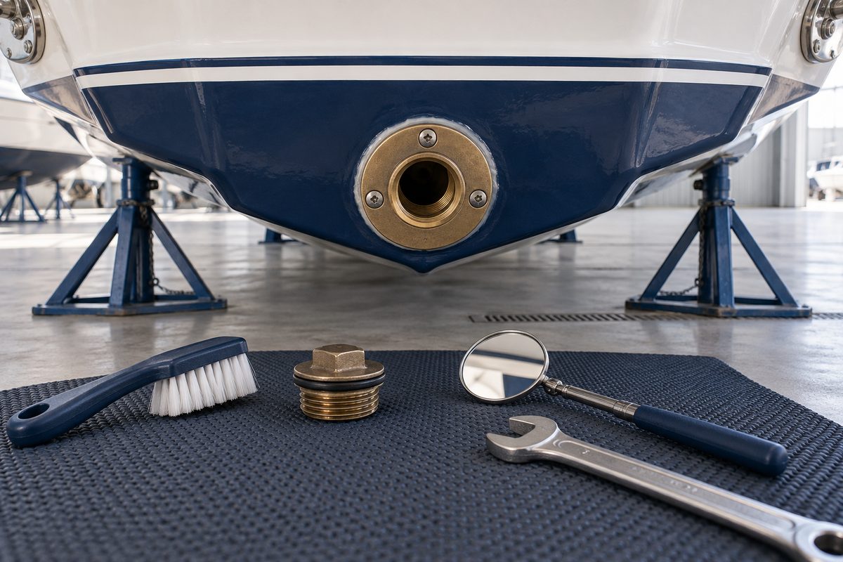 An open bronze garboard drain fitting in a navy blue hull supported on jack stands, with a brass drain plug, white-bristle brush, inspection mirror, and open-end wrench on a black rubber mat in a storage shed.