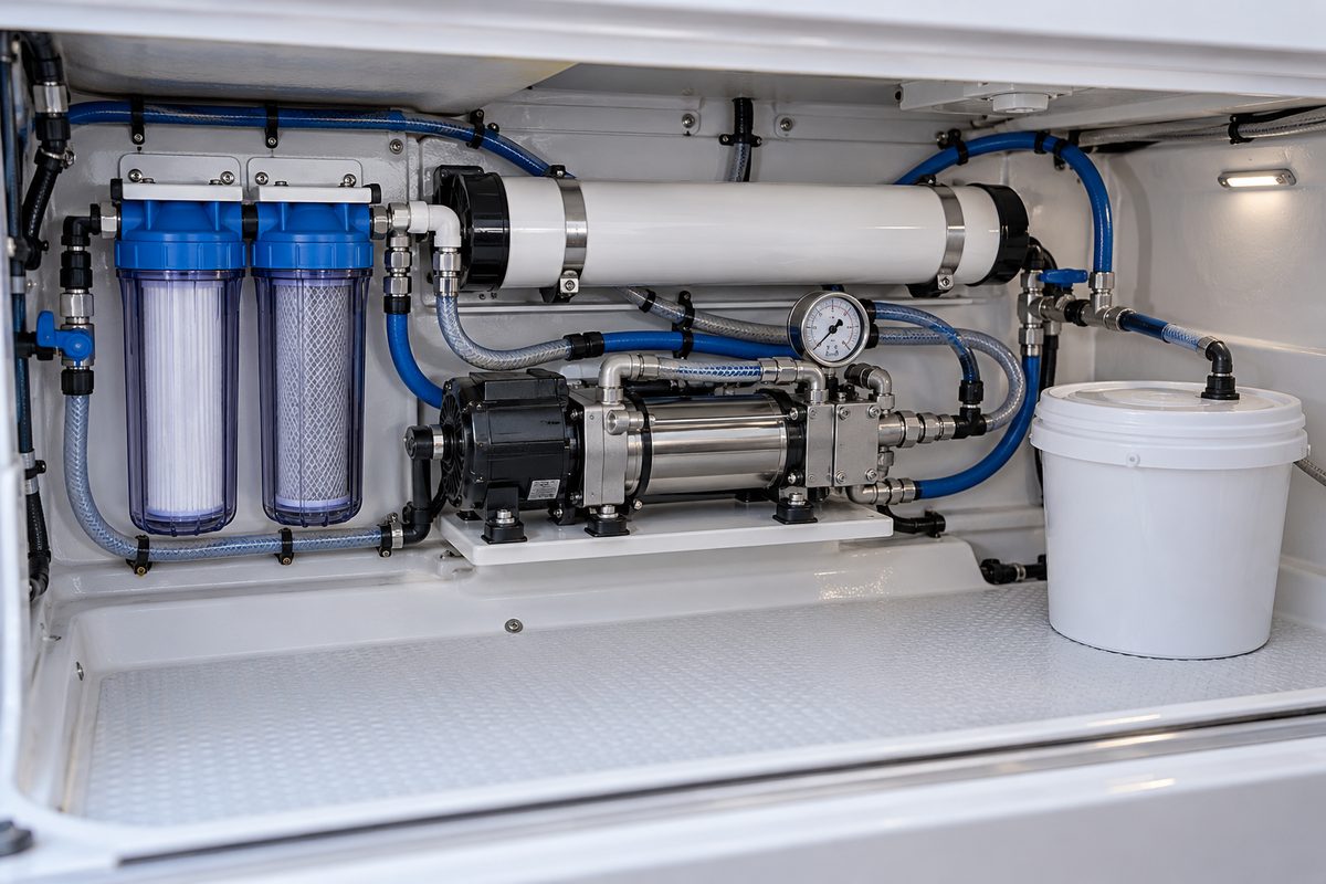A marine watermaker in a white locker with a white membrane housing, twin clear prefilter canisters, a stainless high-pressure pump with a pressure gauge, blue and clear hoses, and a white bucket on the floor.