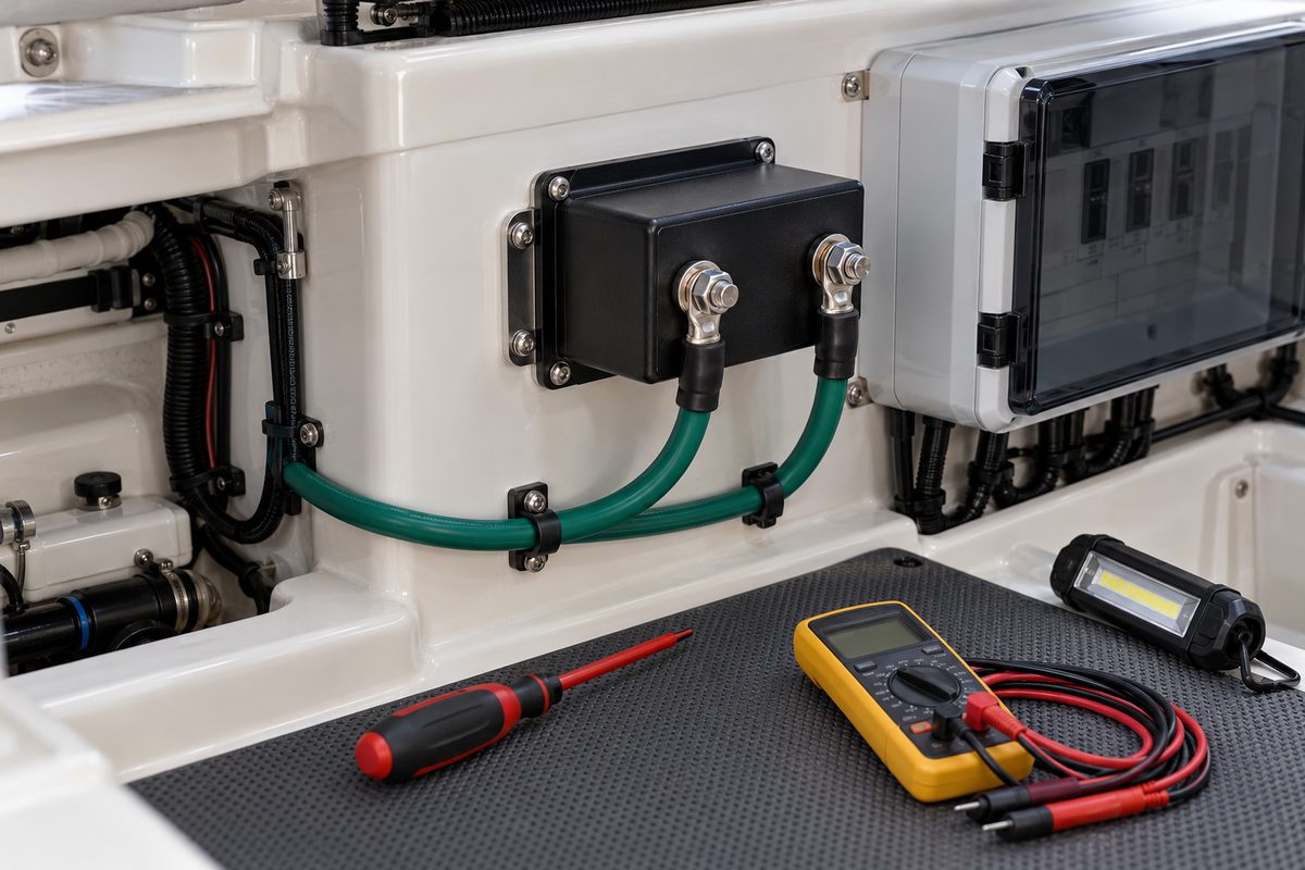 A black galvanic isolator box with two green grounding cables bolted to stainless studs, mounted beside a gray electrical enclosure, with a multimeter, screwdriver, and LED work light on a black mat.