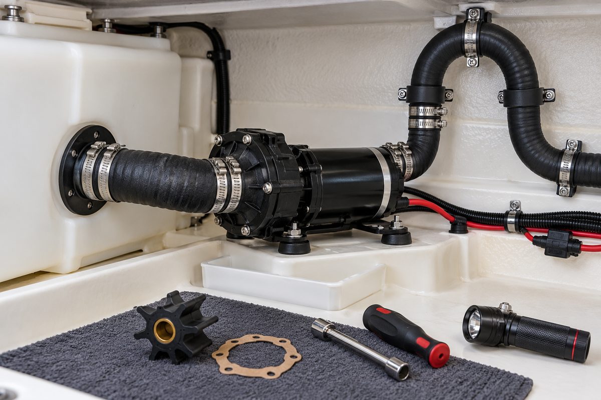 A black macerator pump plumbed with black sanitation hose between a white holding tank and a vented loop, with a spare impeller, gasket, nut driver, screwdriver, and flashlight on a gray mat in a bilge.