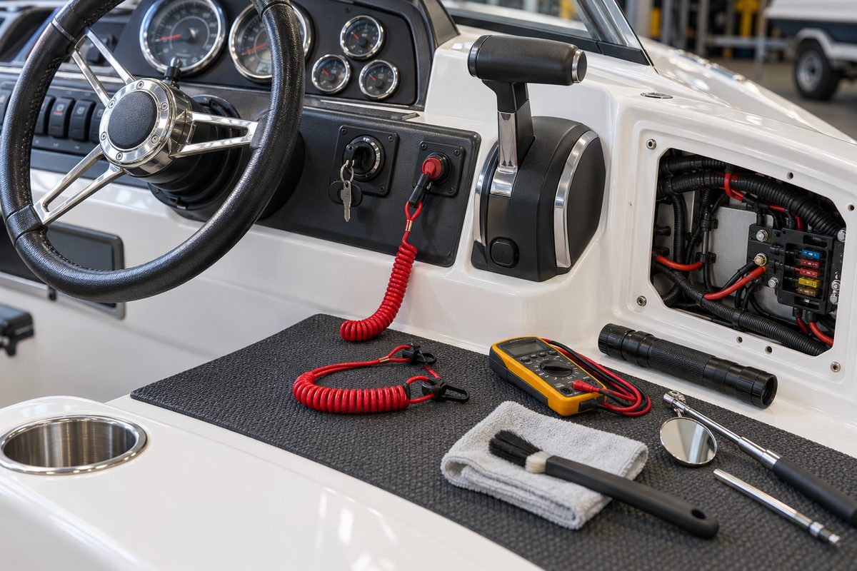 A red coiled engine cutoff lanyard clipped to a helm switch beside the ignition key, with a spare lanyard, multimeter, flashlight, inspection mirror, brush, and towel on a mat near an open fuse panel.