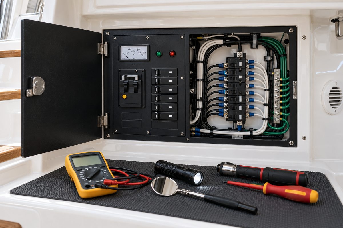 An open black AC electrical panel with a voltmeter, main breaker, branch breakers, and neatly bundled wiring behind it, beside a multimeter, flashlight, inspection mirror, and screwdrivers on a black mat.