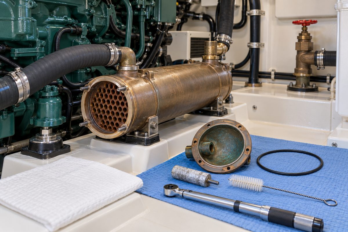 A bronze shell-and-tube heat exchanger with its copper tube stack exposed, beside a removed green-stained end cap, O-ring, pencil zinc, tube brush, and torque wrench on a blue towel by a green diesel.