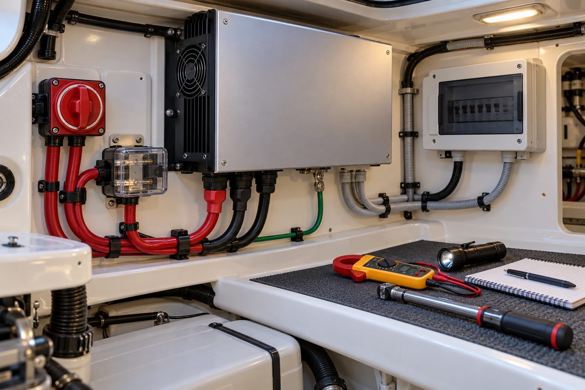 A brushed aluminum marine inverter with a black finned fan housing, red DC cables, a red battery switch, and a fuse block, beside a clamp meter, flashlight, torque wrench, and notebook on a boat mat.