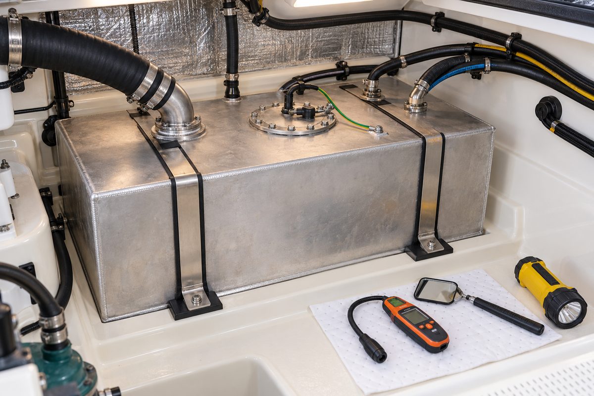 A welded aluminum fuel tank held by black-lined straps with hoses and a grounded sender plate on top, beside a gas detector, inspection mirror, and yellow flashlight on an absorbent pad in a white compartment.