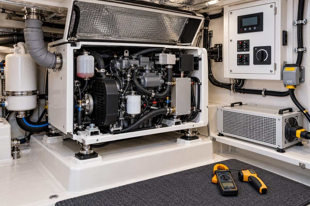 A white marine generator with its insulated lid open over a black engine, beside a white control panel, a silver vented electrical unit, and a clamp meter and infrared thermometer on a black engine-room mat.